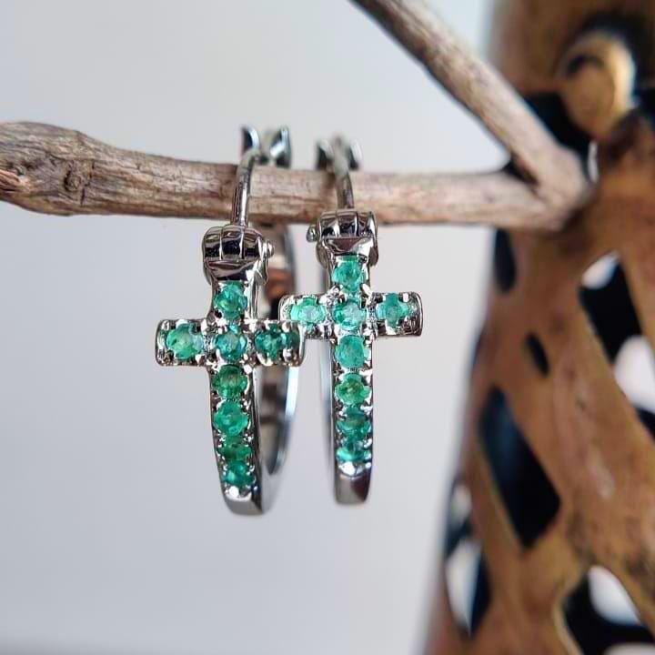 Sterling Silver Cross Hoop Statement Earrings | Natural Green Emerald Huggies Jewelry Gift For Women