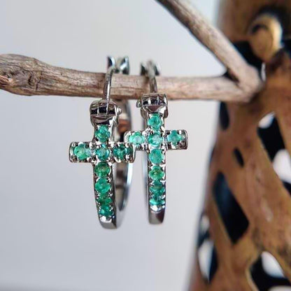 Natural Green Emerald Cross Huggies Statement Earrings