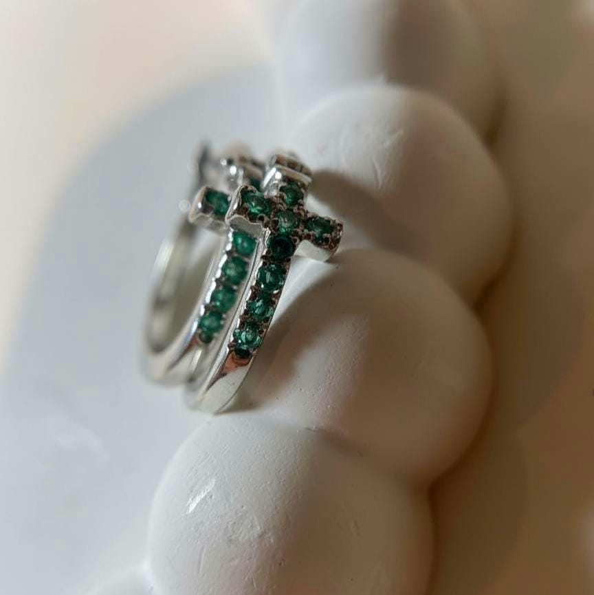 Sterling Silver Cross Hoop Statement Earrings | Natural Green Emerald Huggies Jewelry Gift For Women