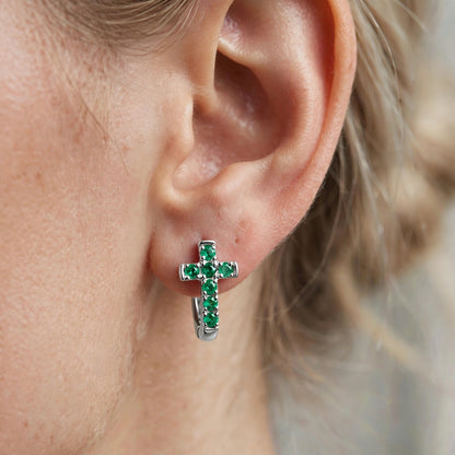 Natural Green Emerald Cross Huggies Statement Earrings