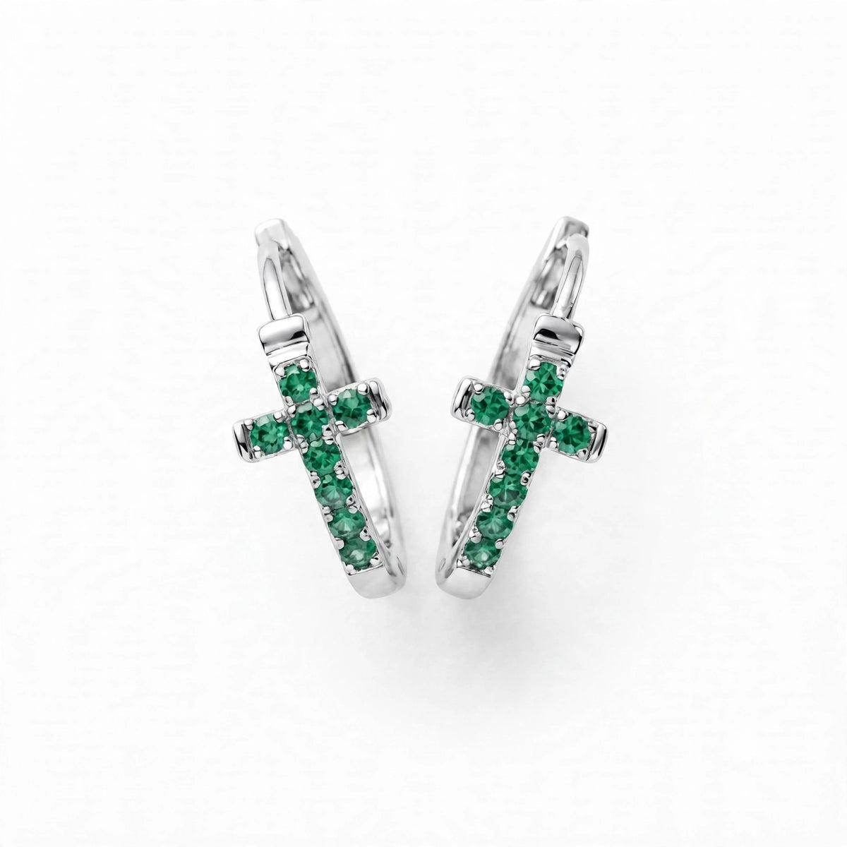 Natural Green Emerald Cross Huggies Statement Earrings