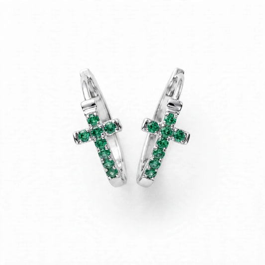 Natural Green Emerald Cross Huggies Statement Earrings