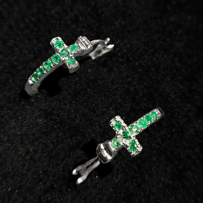 Natural Green Emerald Cross Huggies Statement Earrings