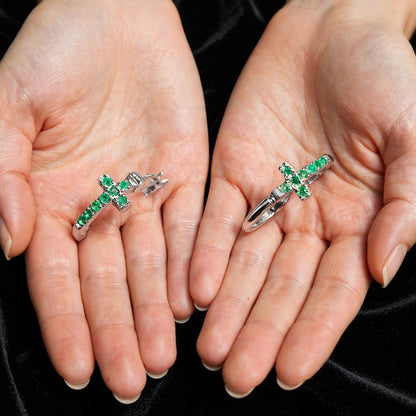 Natural Green Emerald Cross Huggies Statement Earrings