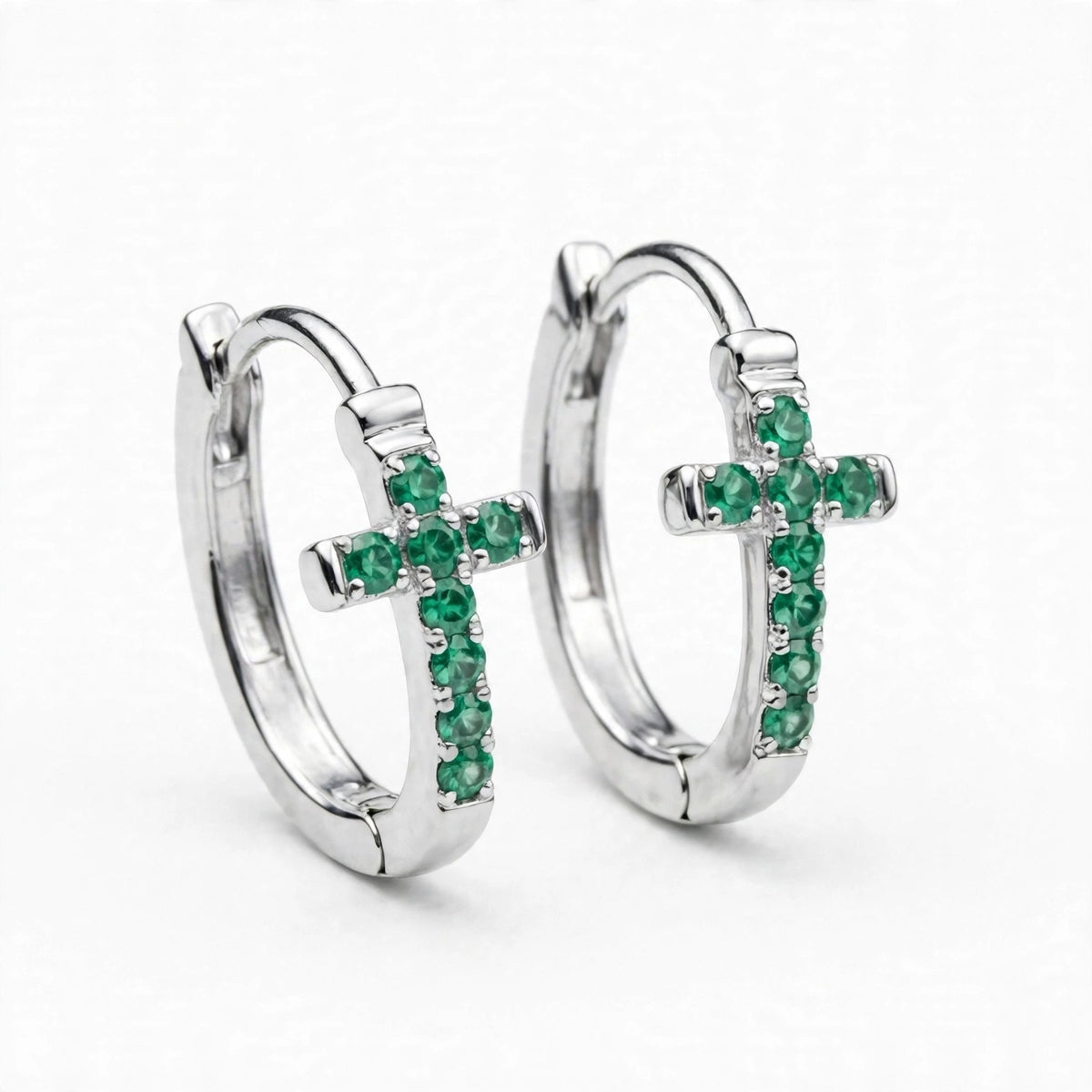 Natural Green Emerald Cross Huggies Statement Earrings