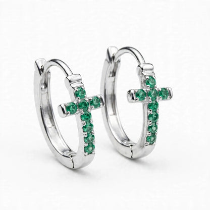 Natural Green Emerald Cross Huggies Statement Earrings