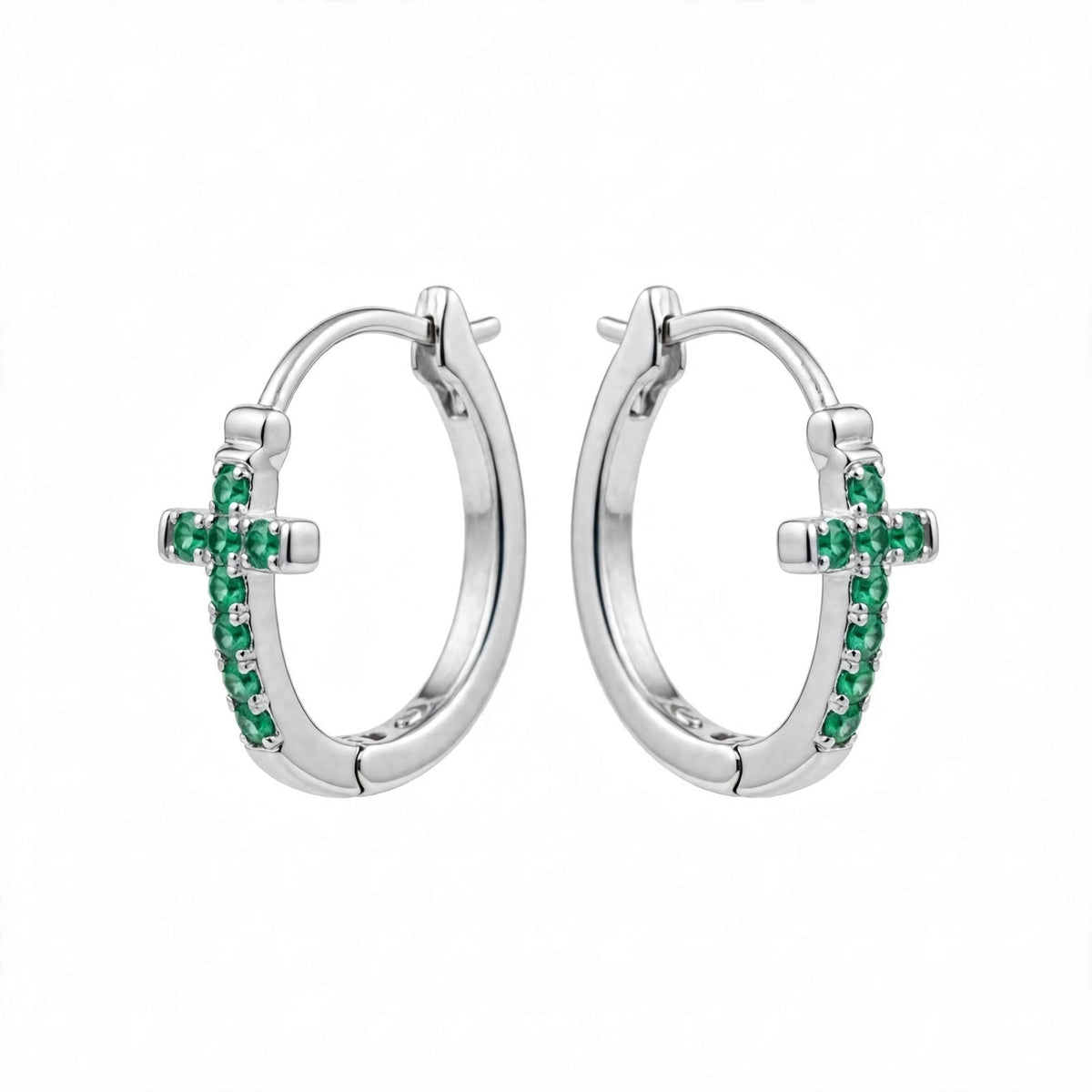 Natural Green Emerald Cross Huggies Statement Earrings