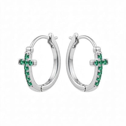 Natural Green Emerald Cross Huggies Statement Earrings
