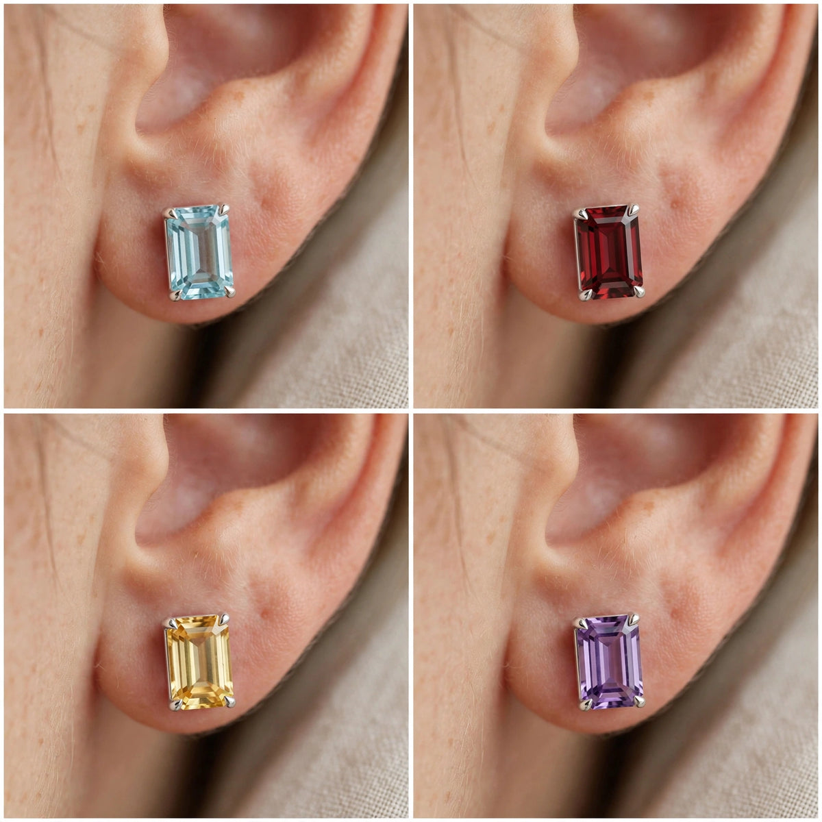 Four-panel close-up of an ear wearing rectangular stud earrings in different gemstone colors: light blue, dark red, yellow, and purple, all in silver-toned settings.