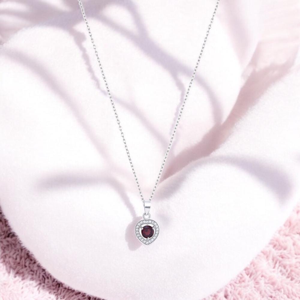 Garnet Heart Halo Pendant Necklace – Sterling Silver Charm