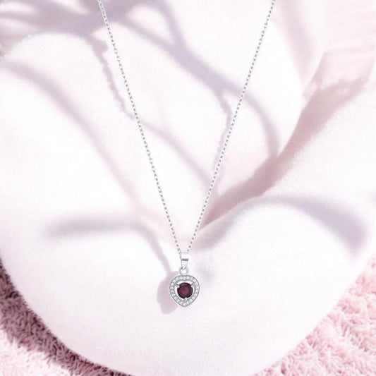 Garnet Heart Halo Pendant Necklace – Sterling Silver Charm