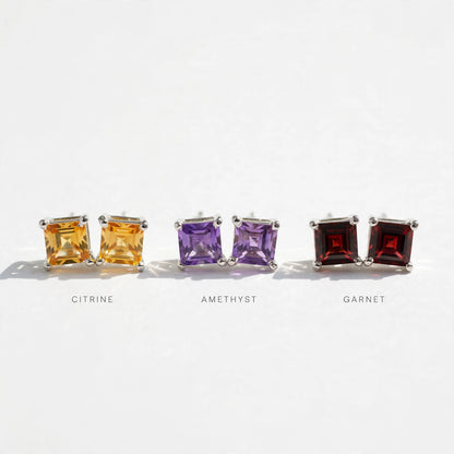 Princess Cut Gemstone Studs in 925 Sterling Silver