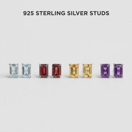 Emerald Cut Gemstone Studs in 925 Sterling Silver