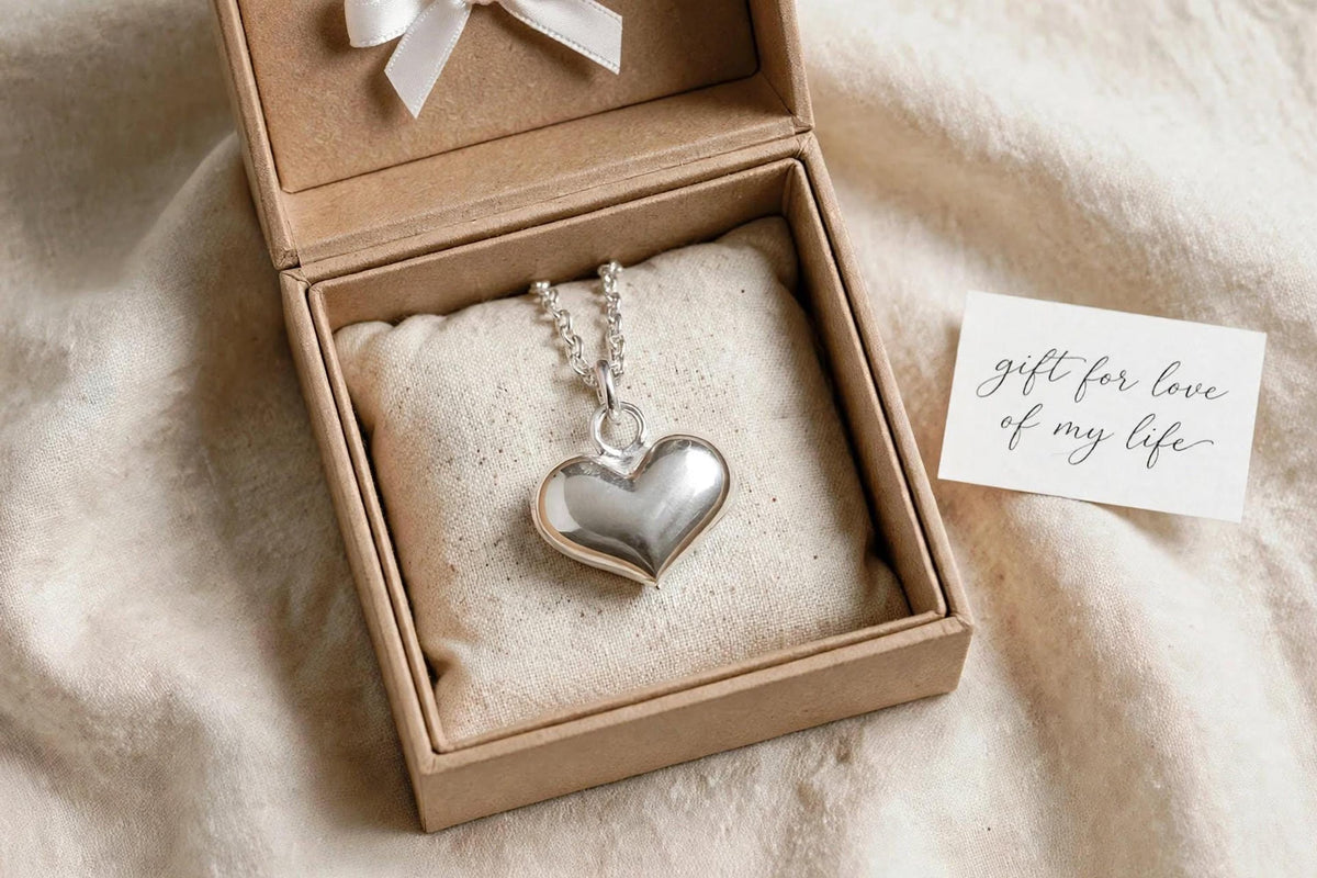 Dainty Silver Heart Necklace in 925 Sterling Silver Puffed Heart Pendant