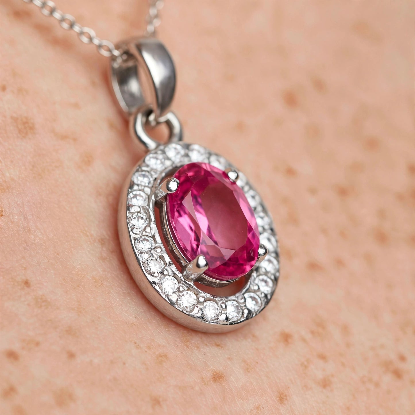 Pink Topaz Oval Pendant Necklace: 925 Sterling Silver