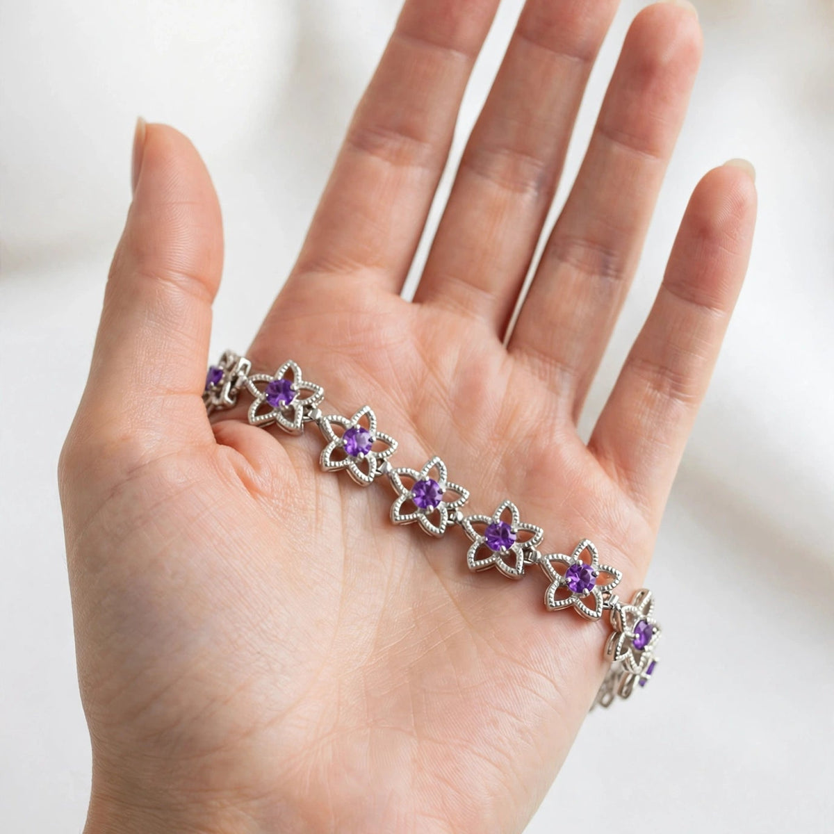Natural Amethyst Flower Tennis Bracelet – 925 Sterling Silver