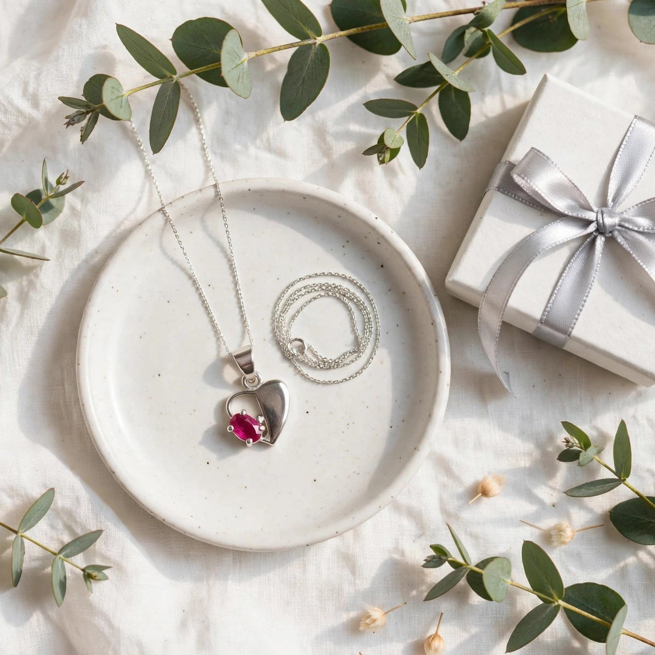 Ruby Heart Pendant Necklace : 925 Sterling Silver