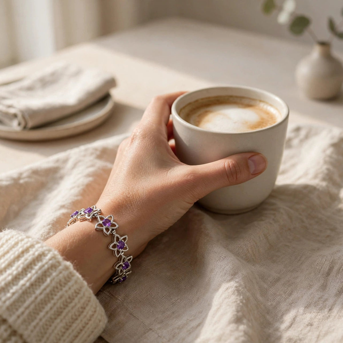 Natural Amethyst Flower Tennis Bracelet – 925 Sterling Silver