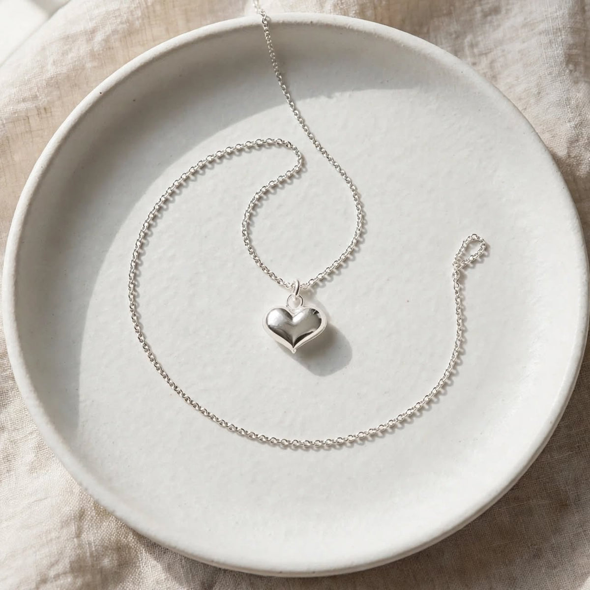 Dainty Silver Heart Necklace in 925 Sterling Silver Puffed Heart Pendant