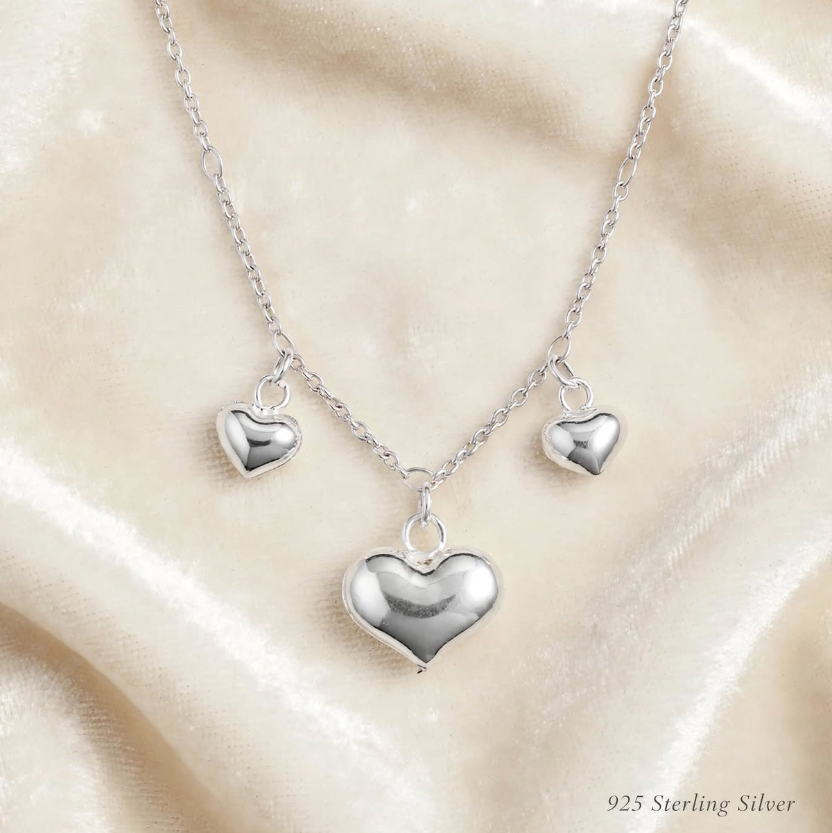 Triple Heart Charm Necklace in 925 Sterling Silver