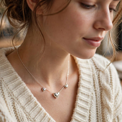 Triple Heart Charm Necklace in 925 Sterling Silver