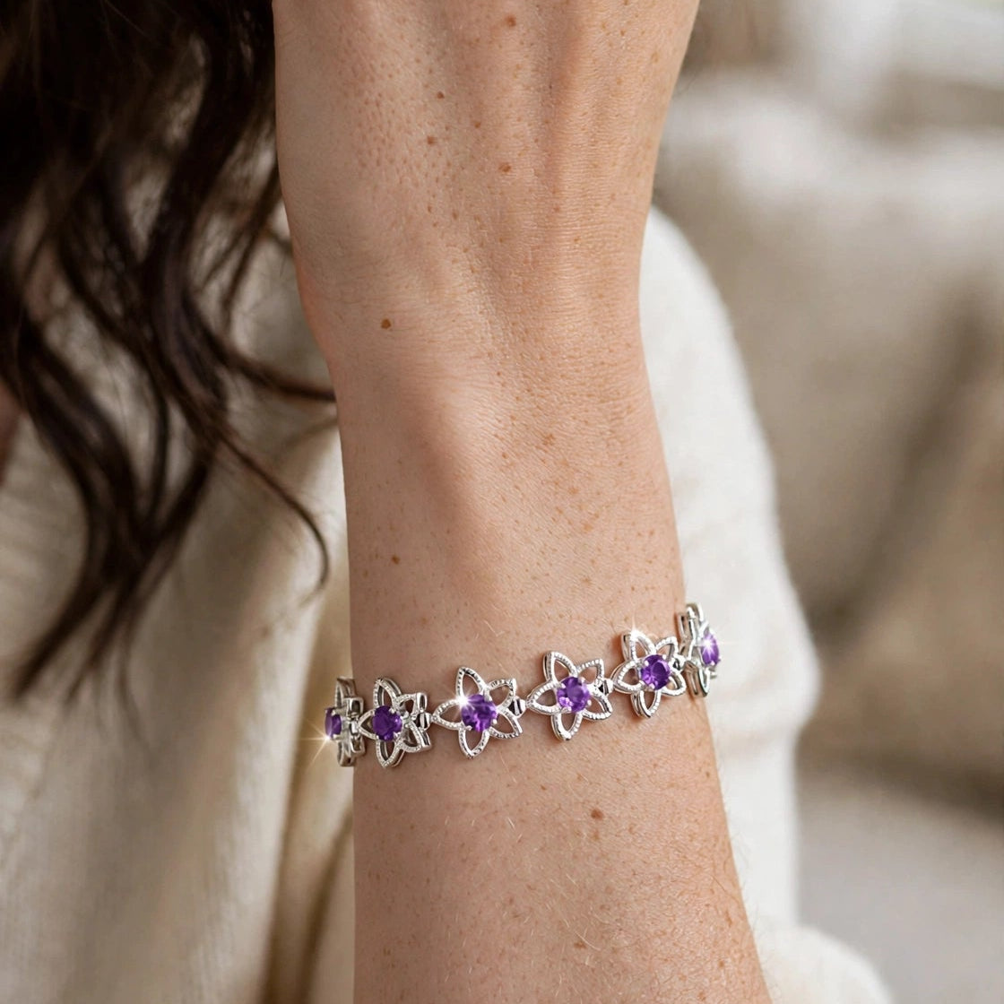 Natural Amethyst Flower Tennis Bracelet – 925 Sterling Silver