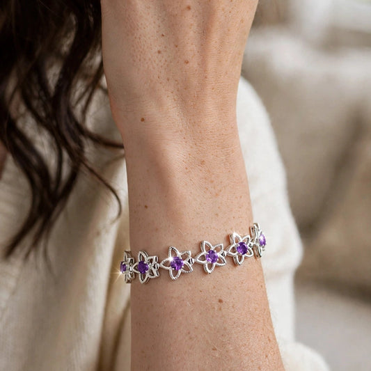Natural Amethyst Flower Tennis Bracelet – 925 Sterling Silver
