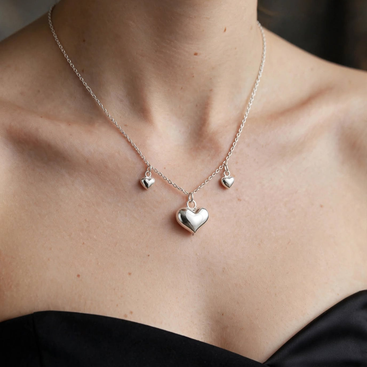 Triple Heart Charm Necklace in 925 Sterling Silver