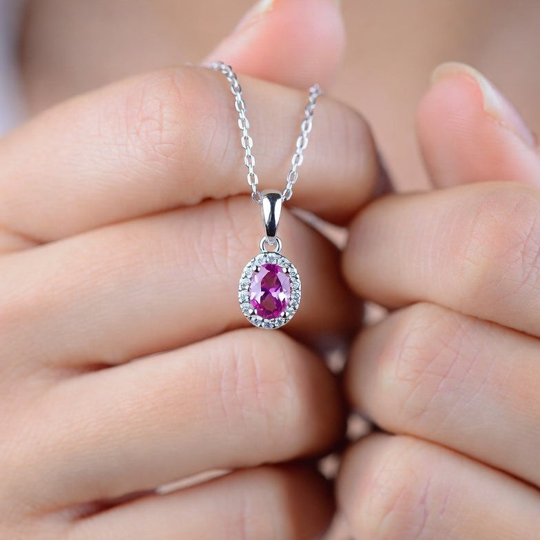 Pink Topaz Oval Pendant Necklace: 925 Sterling Silver